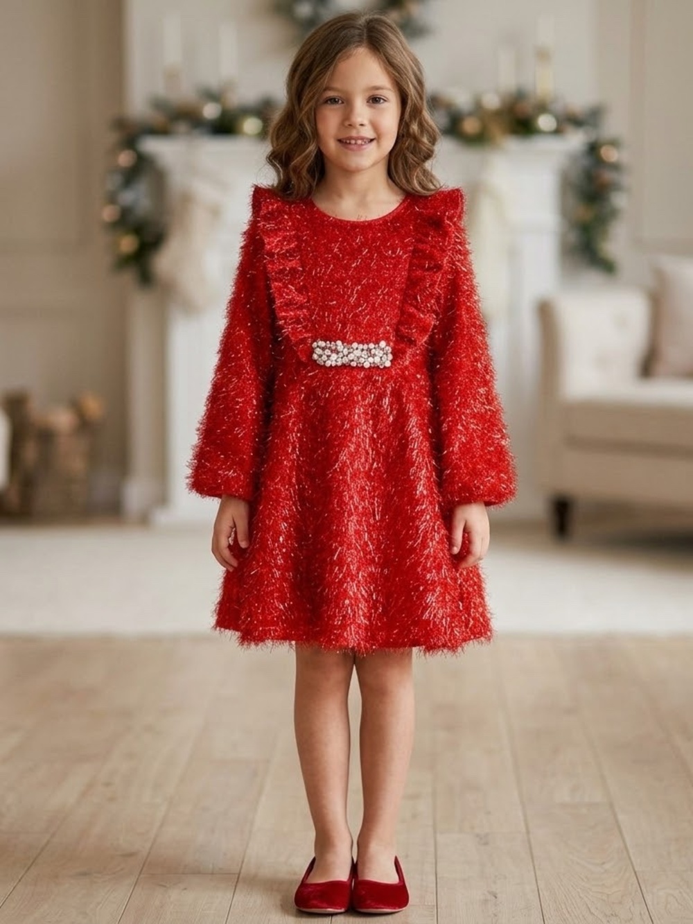 NWT Hannah Banana Girls Red Tinsel Pearl Ruffle Party Dress Holiday Size 6X